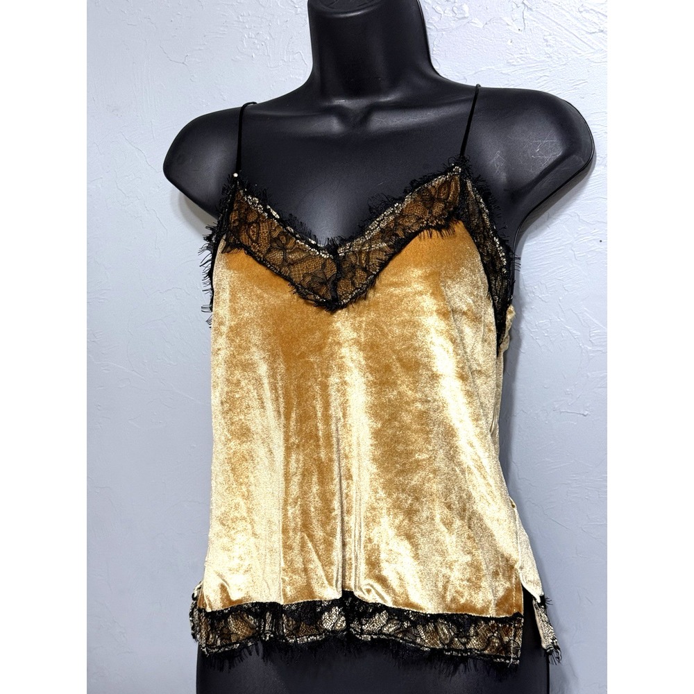 BERSHKA WOMEN'S VELVET LACE TRIM CAMI TANK TOP YELLOW‎ BLACK SMALL XS